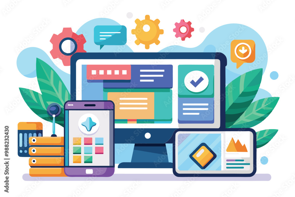 Poster cartoon illustration displays cross-platform software development with customizable mobile devices, 
