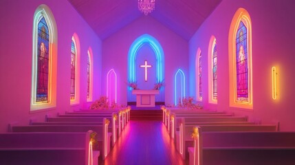 Neon Lit Church Interior