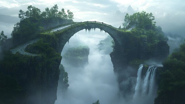 Circular bridge made of ancient stone, arching gracefully between two floating islands with lush forests and cascading waterfalls in a mystical fantasy world