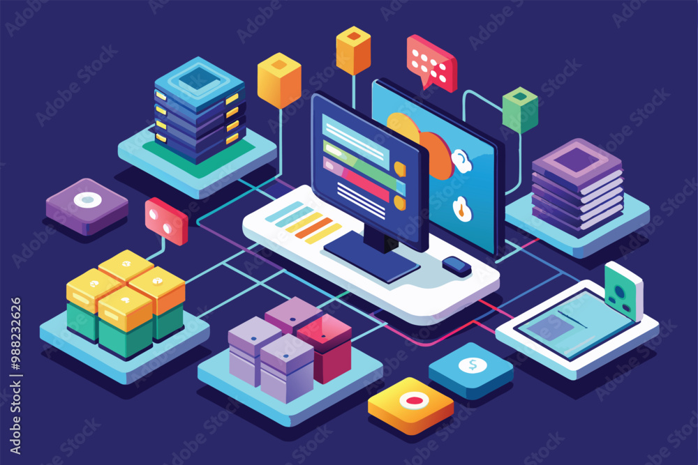 Poster a vibrant digital workspace showcases customizable isometric design elements for cross-platform soft