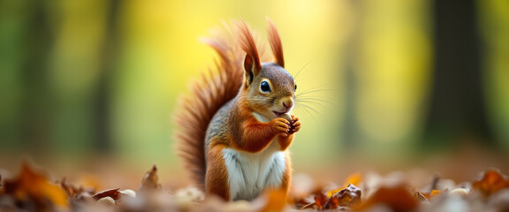 Obraz premium Red Squirrel Eating a Nut in Autumn Forest