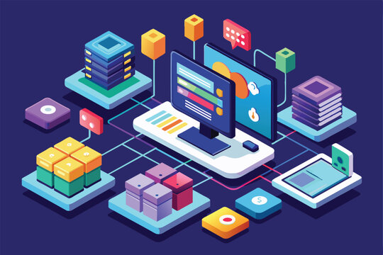 A vibrant digital workspace showcases customizable isometric design elements for cross-platform software development.