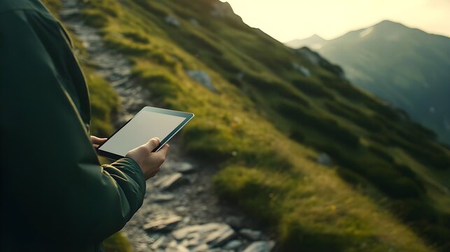 Person using tablet in mountainous landscape