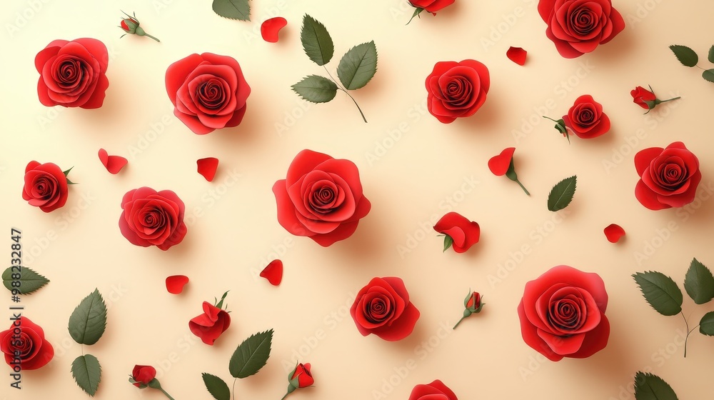 Poster minimalist red roses pattern on light background in vector style