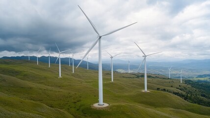Aerial view of wind turbines on a green hillside, showcasing renewable energy and sustainable technology against a cloudy sky.