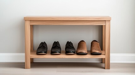 Wooden shoe rack under a floating shelf, space-saving design, oak wood, neat and tidy with shoes lined up, soft natural light, modern decor with a minimalist touch, clean lines