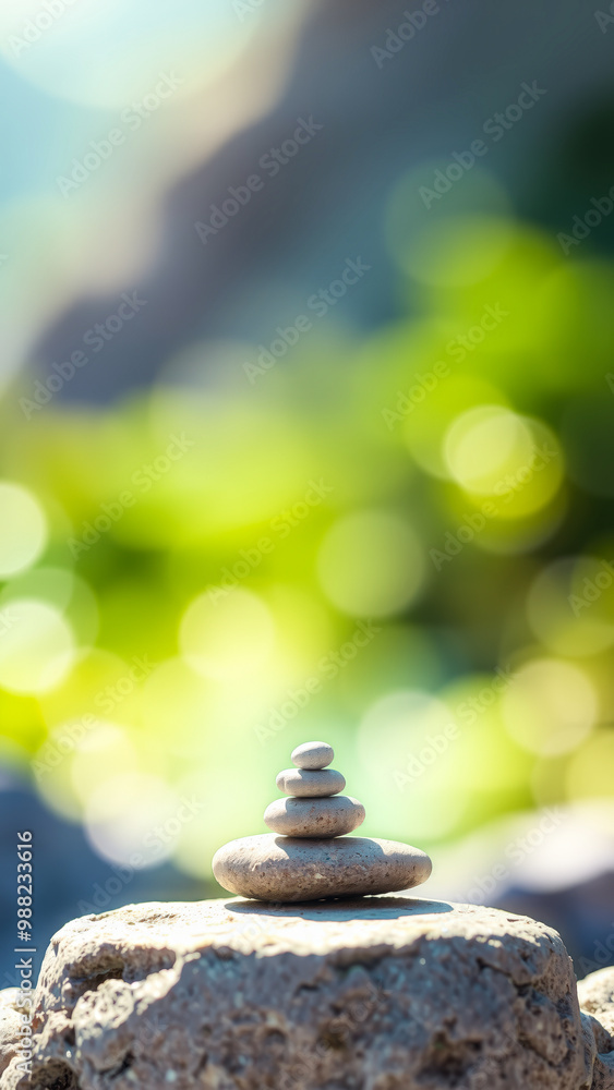 Wall mural Zen Stones on a Rock with a Green Bokeh Background