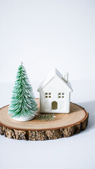 Small White Ceramic House With Miniature Christmas Tree On Wooden Slice
