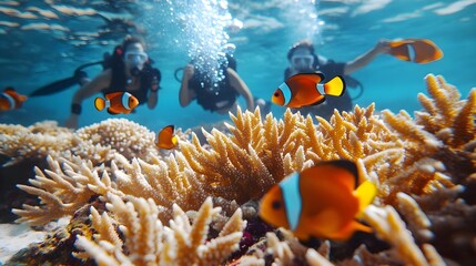 Scuba divers exploring vibrant coral reef