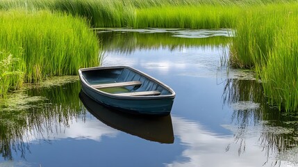 Obraz premium Serene boat on calm waterway in lush greenery.