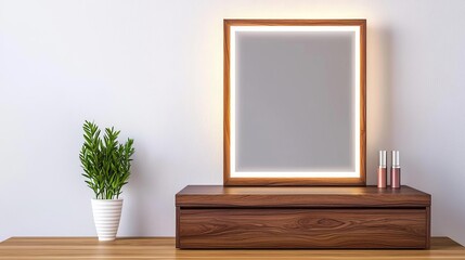 Wooden makeup vanity with a modern touch, sleek design, dark walnut wood, illuminated by soft, diffused light, large mirror with a thin frame, subtle yet elegant setting