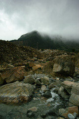 Misty and foggy condition of Mount Papandayan, Garut, Indonesia. Landscape with mysterious and spooky atmosphere