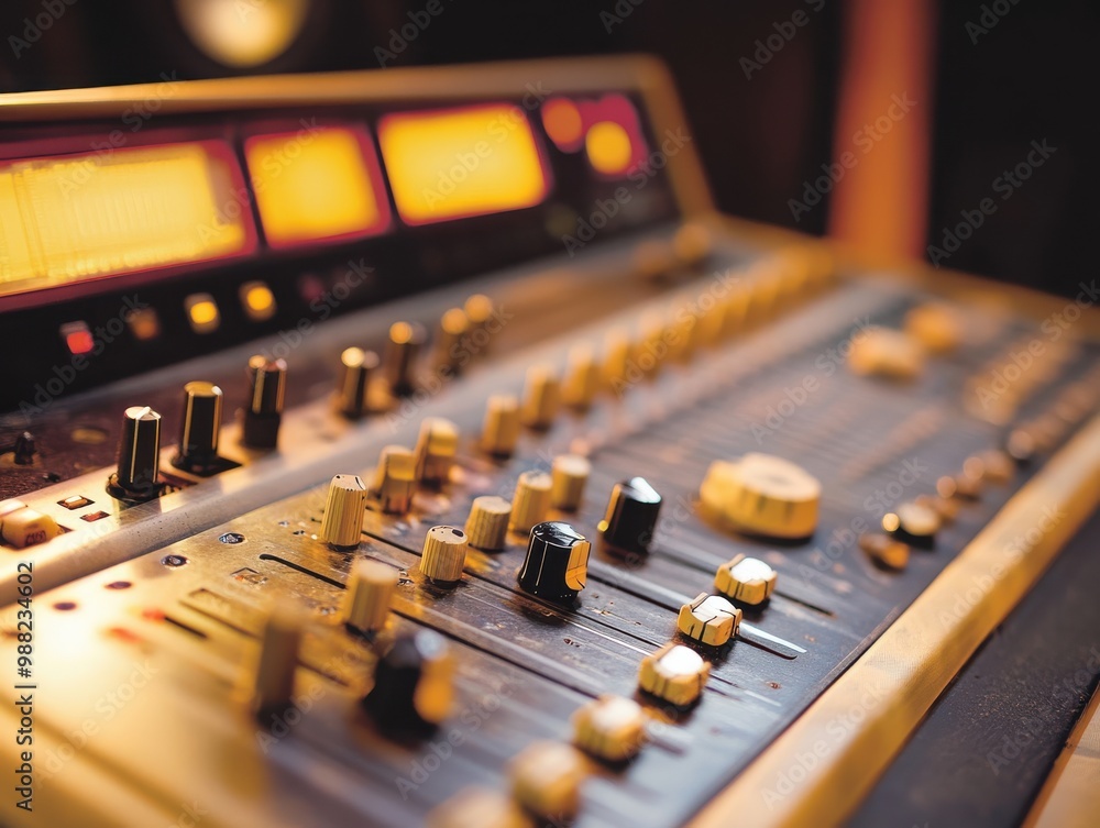 Poster close-up of an audio mixing console with knobs and sliders used for sound editing in a recording stu