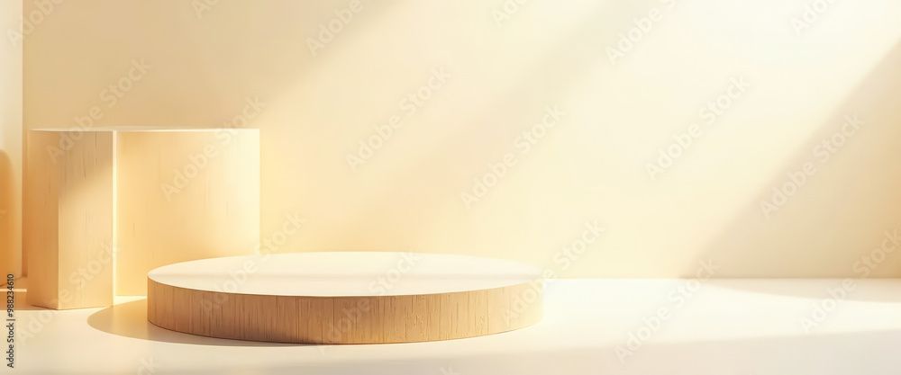 Poster Minimalist wooden podium with beige background and sunlight