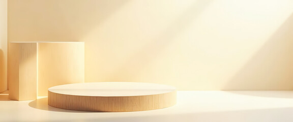 Minimalist wooden podium with beige background and sunlight
