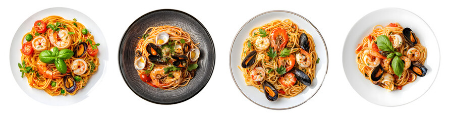 Seafood Spaghetti isolated on a transparent PNG background, white background , cut out, clipping path, Generative Ai