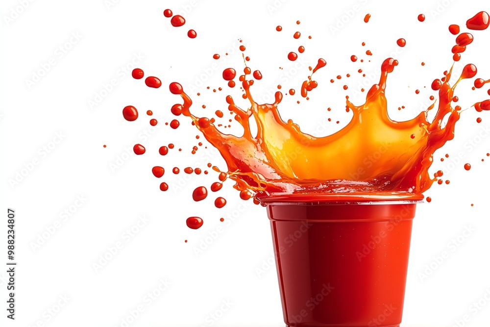 Poster abstract splash of hot sauce, with vibrant red and orange tones against a clean white background for