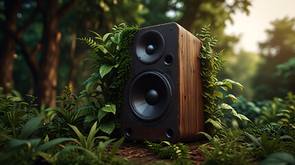 Illustration of speaker covered with nature background