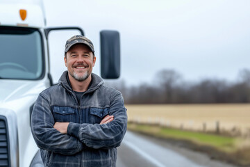 A man with a beard and a trucker hat is standing in front of a white truck