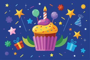 A vibrant cupcake adorned with candles, balloons, and confetti bursts, perfect for a festive birthday celebration filled with joy and cheer.