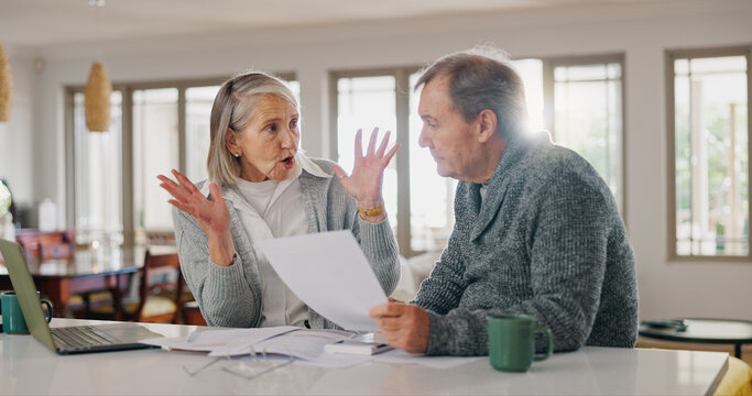 Documents, argument and senior couple with stress for insurance, budgeting and financial crisis. Elderly people, fight and frustrated with paperwork for retirement, healthcare debt or pension at home