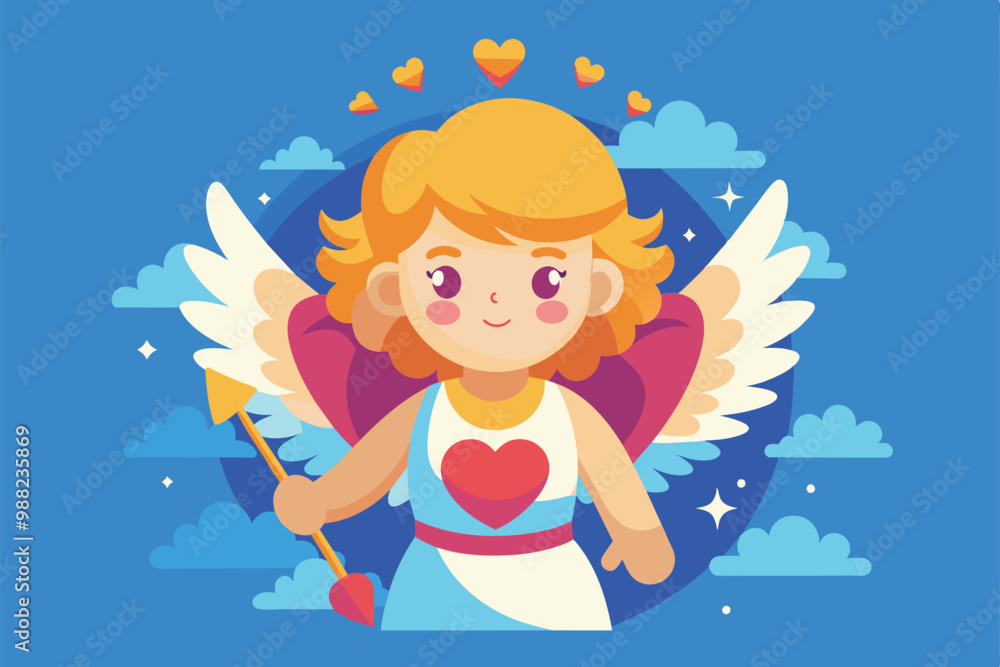 Poster a charming cupid holds a heart and arrow surrounded by fluffy clouds and subtle hearts, perfect for 