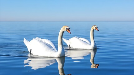 Obraz premium Two elegant swans glide gracefully across a serene blue lake under a clear sky, reflecting beauty and tranquility.