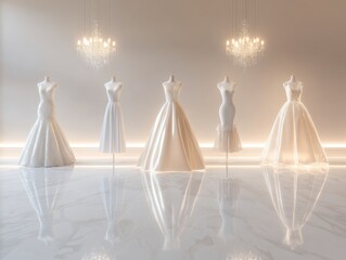 Elegant display of wedding dresses in a chic boutique setting with soft lighting and a reflective floor.