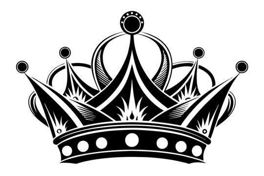 recommend clip art: Asymmetrical black-and-white vector illustration of a royal crown with pointed tips and round orbs at the top. Beautiful crown silhouette vector art illustration