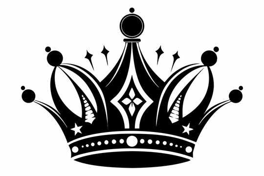 recommend clip art: Asymmetrical black-and-white vector illustration of a royal crown with pointed tips and round orbs at the top. Beautiful crown silhouette vector art illustration