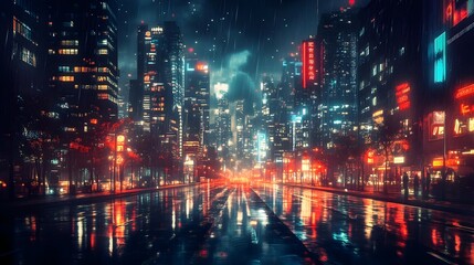 Obraz premium Urban cityscape at night with vibrant lights