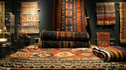 A display of native Indonesian textiles with batik patterns and motifs