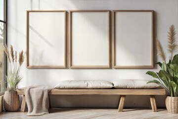 photo Hyper realistic Mockup three poster frame close up in interior background, 3d render