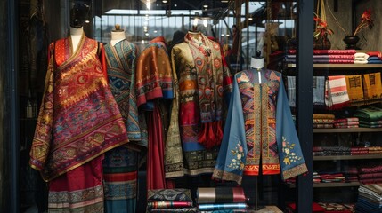 A display of native Indonesian textiles with batik patterns and motifs