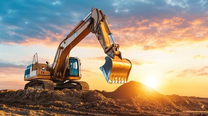 Excavator at work during sunset, showcasing its powerful arm lifting dirt, symbolizing construction and machinery in action.