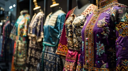 Fototapeta premium A display of native Indonesian textiles with batik patterns and motifs