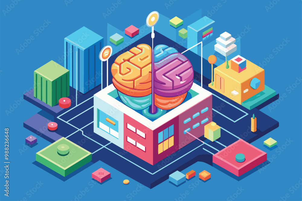 Poster A vibrant isometric depiction of a customizable brain surrounded by modern architecture and colorful geometric shapes, symbolizing innovation and creativity.