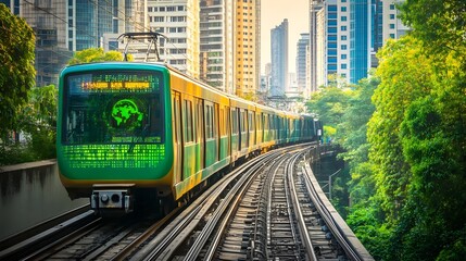 Naklejka premium Urban train traveling through cityscape