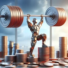 Financial Fitness. A person Lifting a barbell made of coins, representing financial strength