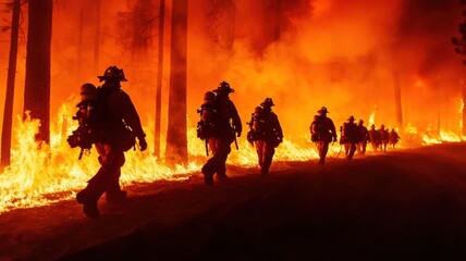 Fototapeta premium Firefighters battle a massive wildfire, showcasing courage and resilience against raging flames in a dramatic landscape.