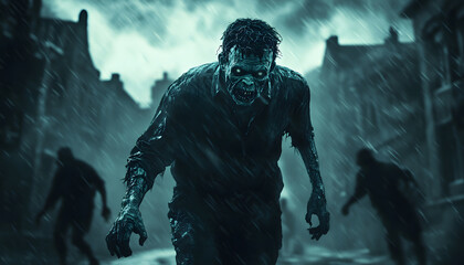A Frankenstein s monster chasing terrified villagers through a dark, stormy night