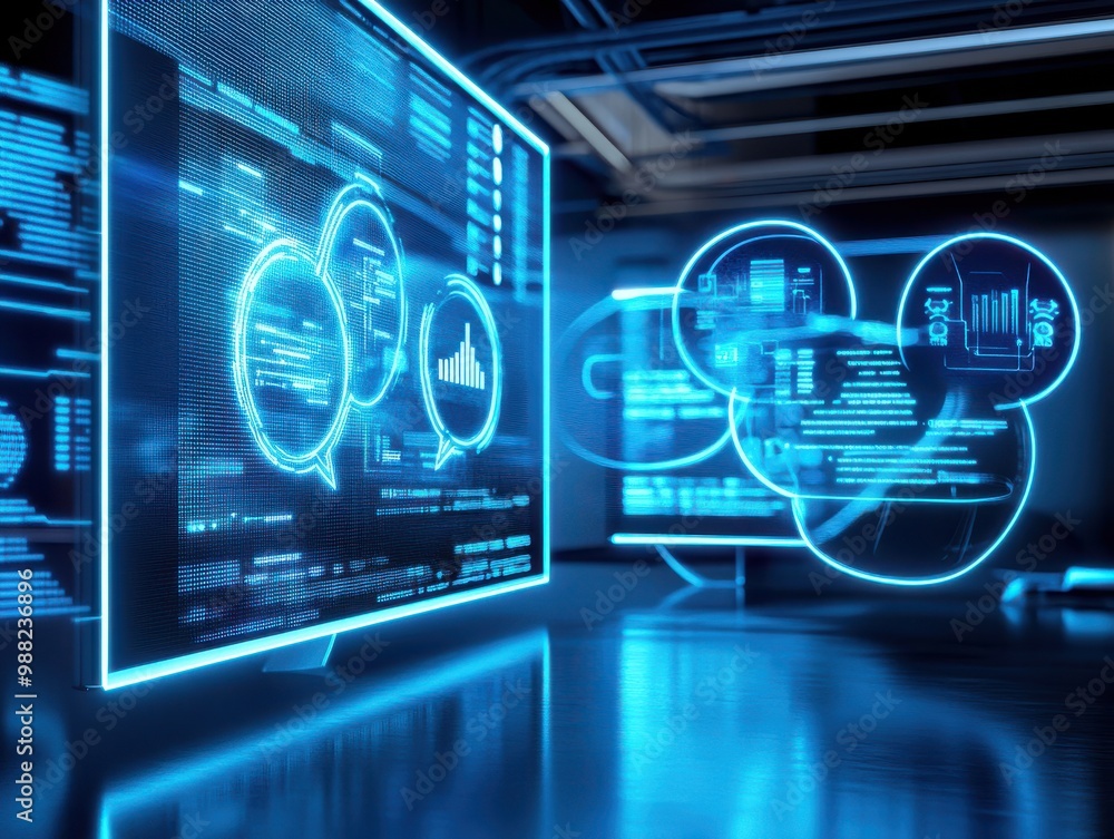 Poster futuristic digital interface showcasing data analytics and technology in a sleek, high-tech environm