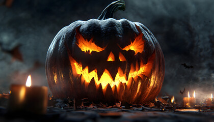 A detailed carving of a pumpkin with a menacing face, surrounded by flickering candles on Halloween night