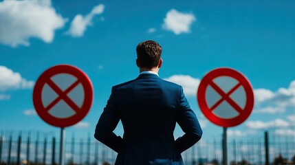 A businessman stands contemplatively in front of no entry signs against a vibrant blue sky, symbolizing barriers and decision-making in professional life.