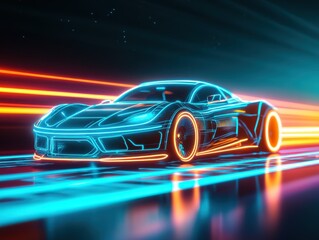 Futuristic neon car speeding through a vibrant cyber landscape, showcasing bright lights and dynamic motion in every detail.