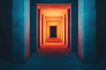 Fototapeta premium A mesmerizing corridor illuminated with vibrant orange and blue hues, leading to a dark void, creating a captivating architectural visual.