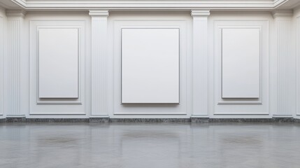 A minimalist gallery featuring blank canvases on white walls, providing a serene and artistic atmosphere for exhibitions.