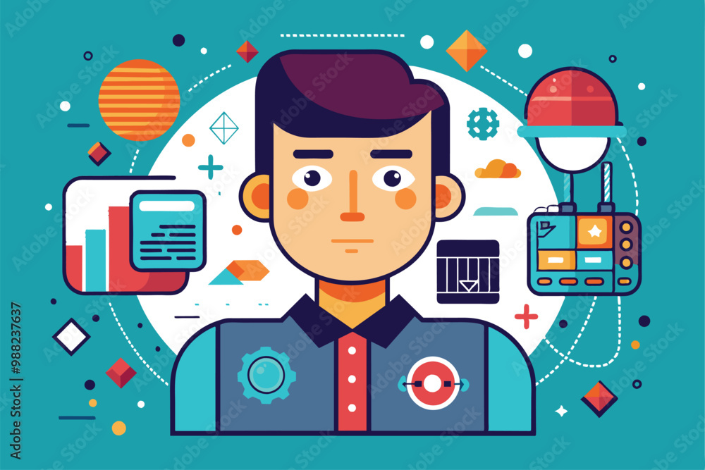 Poster a character stands amidst colorful abstract shapes, symbolizing technology and scientific exploratio