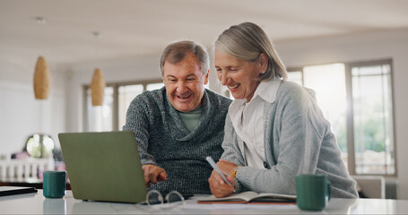 Senior man, woman and laptop with paperwork, writing and happy with profit, investment and...