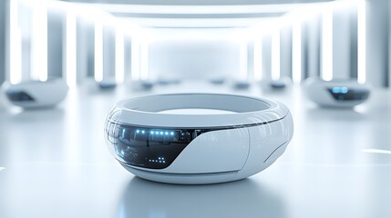 A tech expo scene where AR headsets are displayed in a circular arrangement, with transparent holographic displays projecting their capabilities, all under bright, sleek white lighting